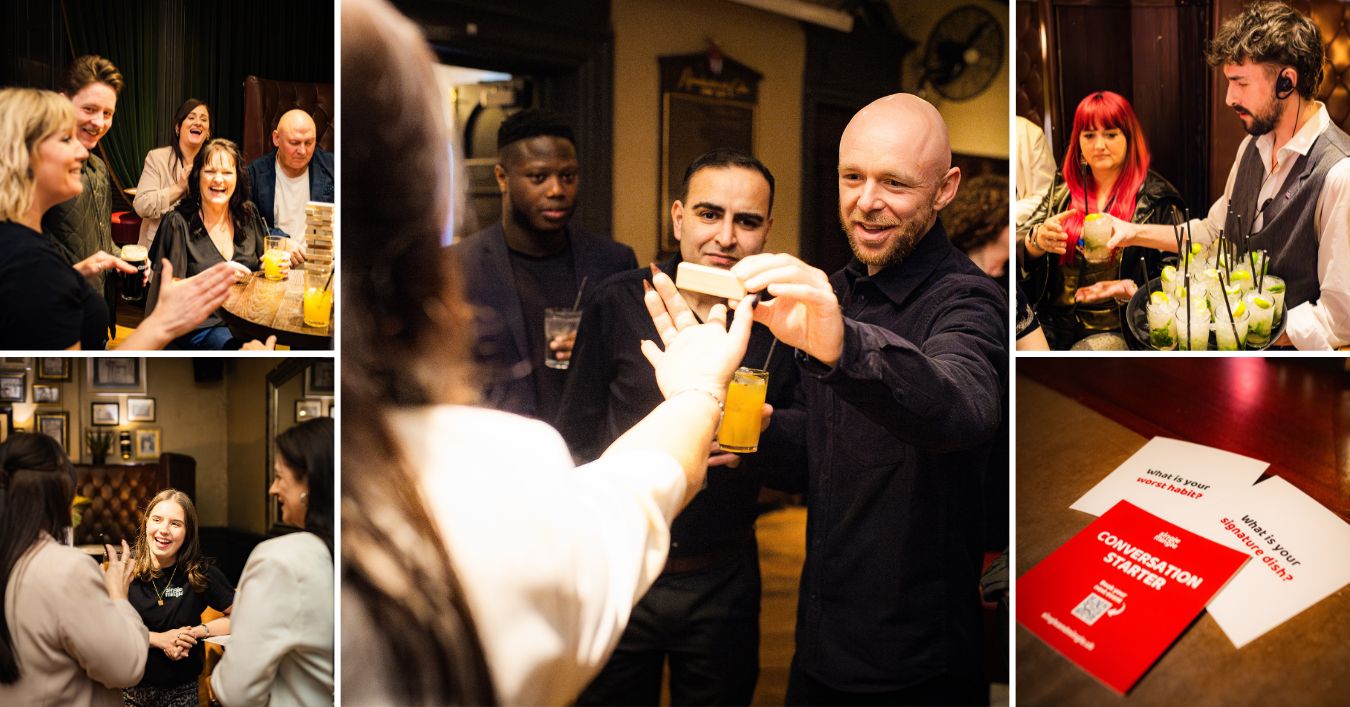 A montage of images captured at an evening mixed-age singles event with Single & Mingle