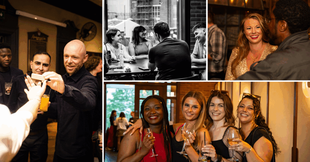 A montage of images of groups of people socialising at a Single & Mingle singles event